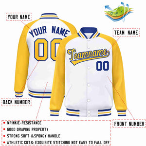 Veste Letterman Varsity Full-Snap Custom White Gold-Royal Raglan Sleeves