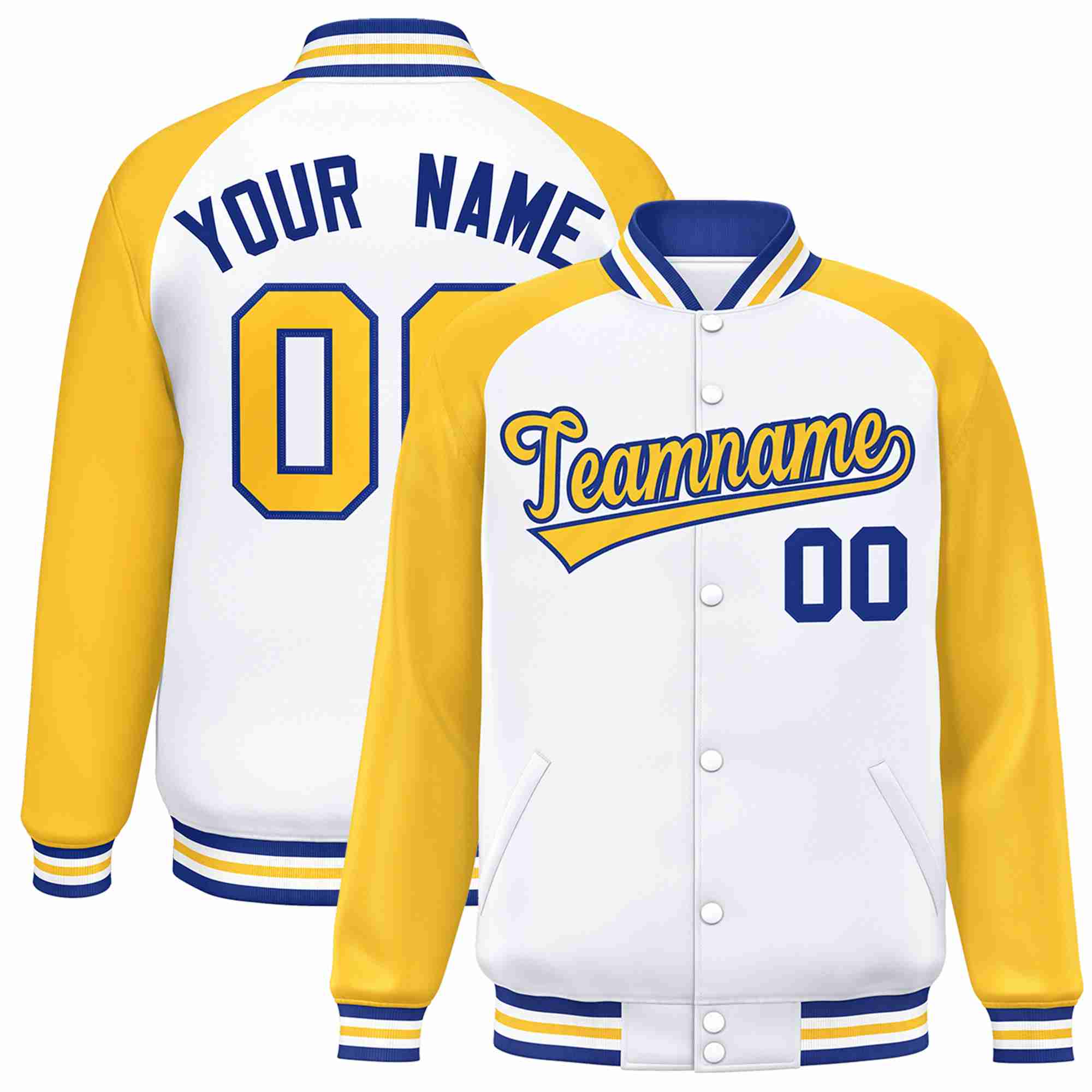 Custom White Gold-Royal Raglan Sleeves Varsity Full-Snap Letterman Jacket