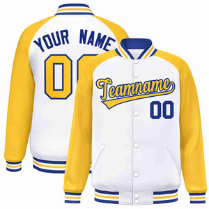 Veste Letterman Varsity Full-Snap Custom White Gold-Royal Raglan Sleeves