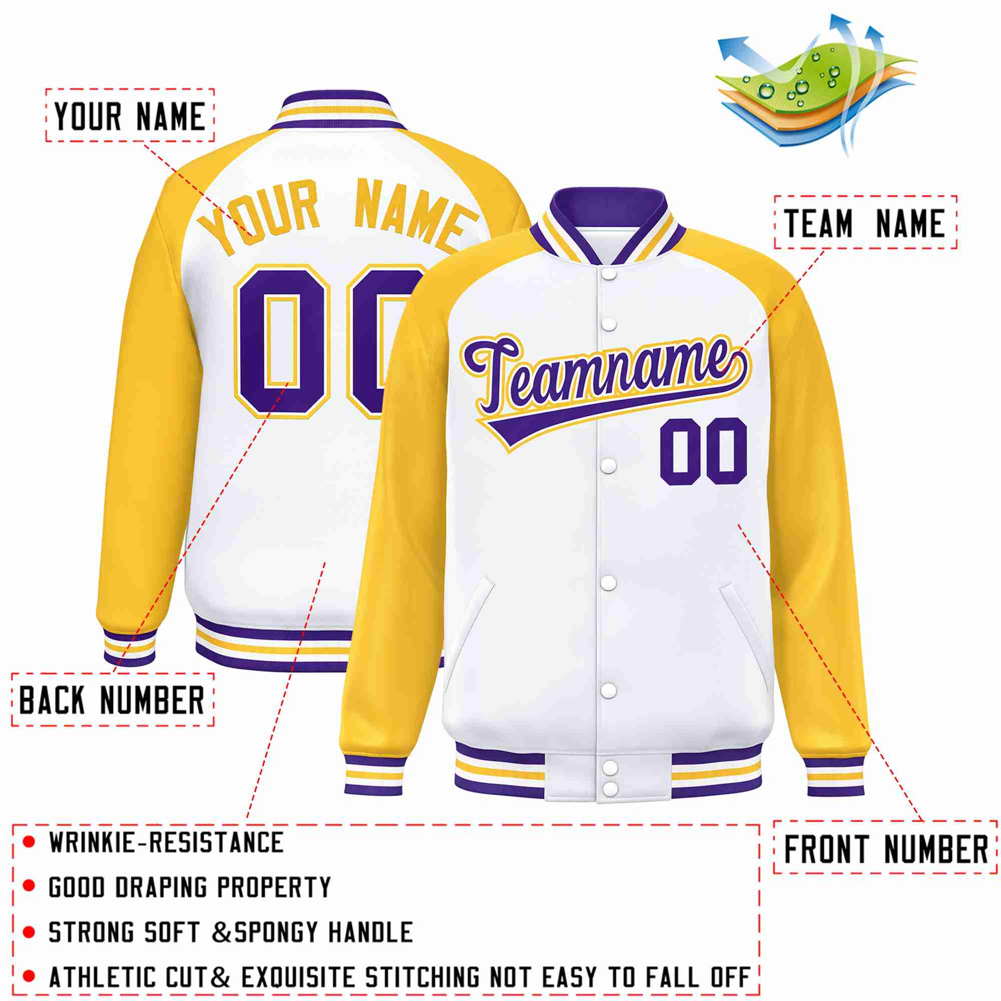 Custom White Purple-White Raglan Sleeves Varsity Full-Snap Letterman Jacket