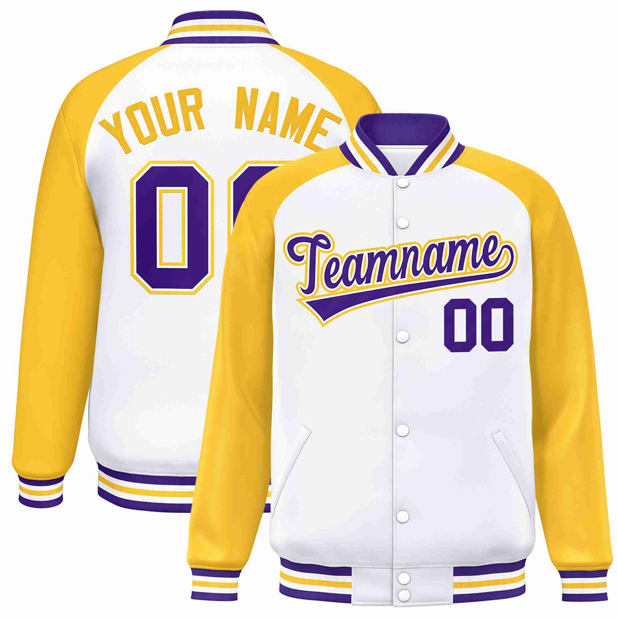 Veste Letterman Varsity Full-Snap personnalisée à manches raglan blanc violet-blanc