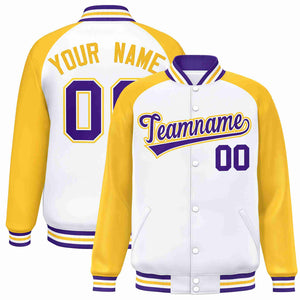 Custom White Purple-White Raglan Sleeves Varsity Full-Snap Letterman Jacket