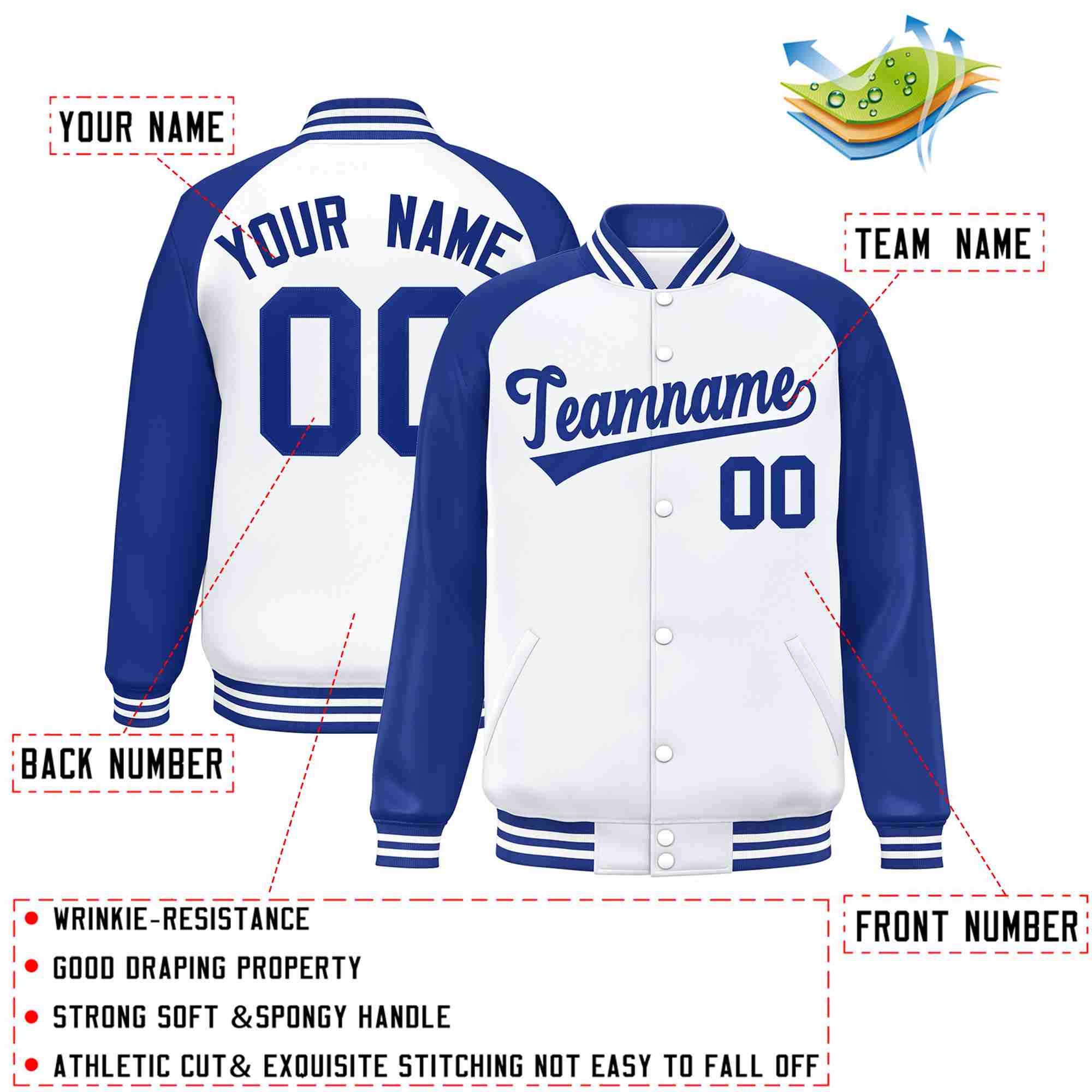 Custom White Royal Raglan Sleeves Varsity Full-Snap Letterman Jacket