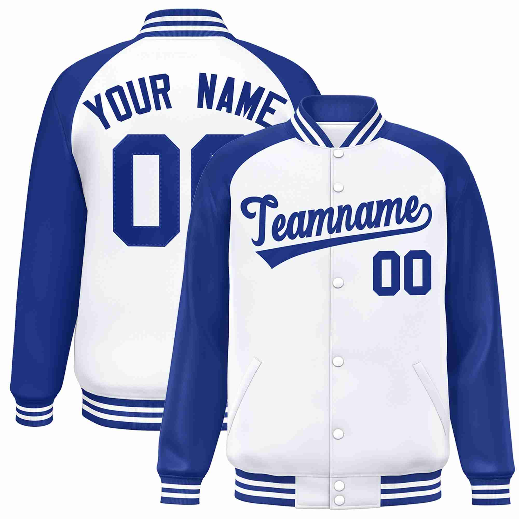 Veste Letterman Varsity Full-Snap à manches raglan royales blanches personnalisées