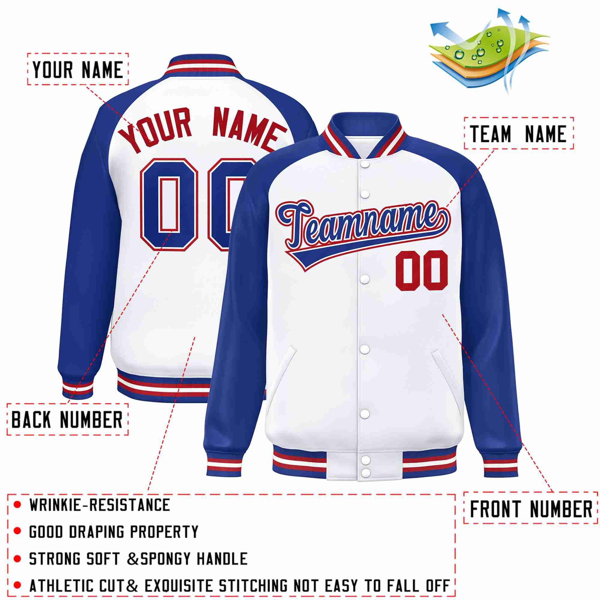 Custom White Royal-White Raglan Sleeves Varsity Full-Snap Letterman Jacket