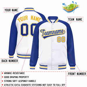 Custom White Royal-White Raglan Sleeves Varsity Full-Snap Letterman Jacket