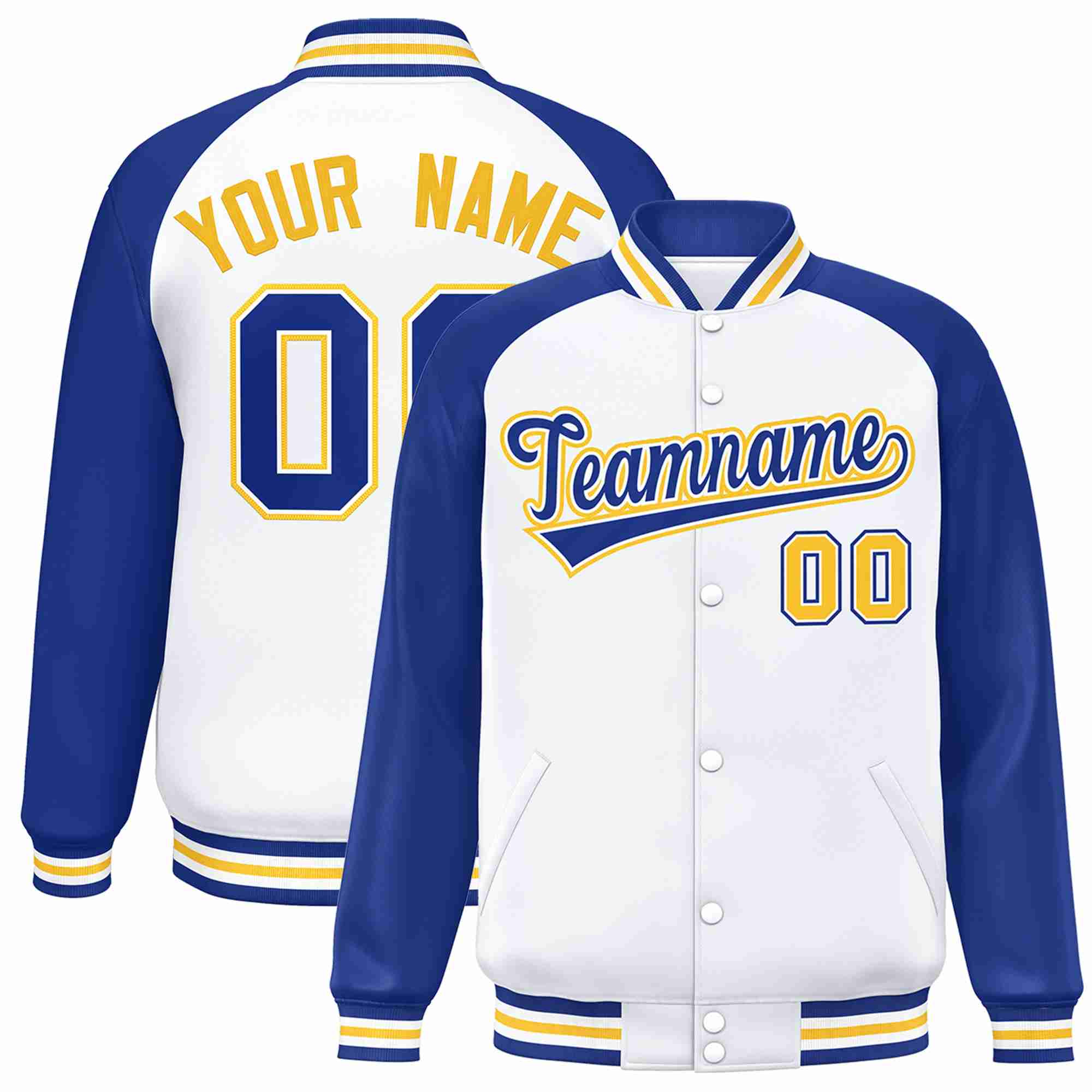 Custom White Royal-White Raglan Sleeves Varsity Full-Snap Letterman Jacket