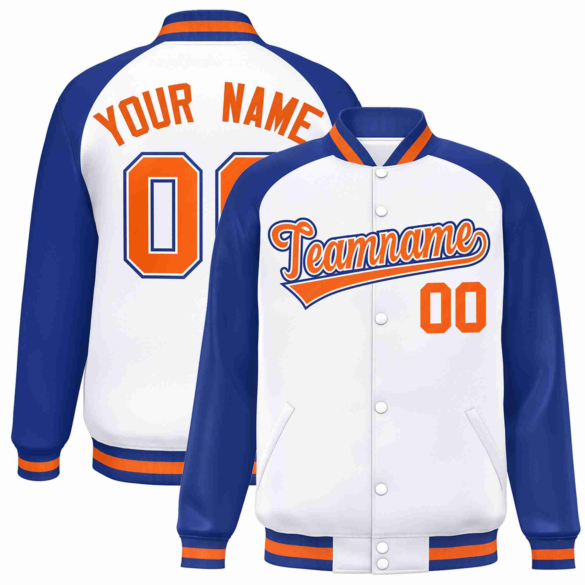 Veste Letterman Varsity Full-Snap à manches raglan blanc-orange-blanc personnalisée