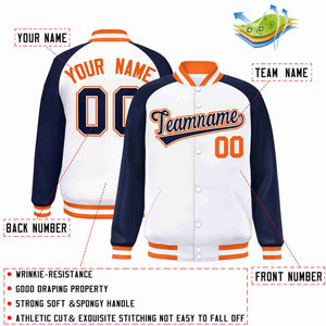 Custom White Navy-White Raglan Sleeves Varsity Full-Snap Letterman Jacket