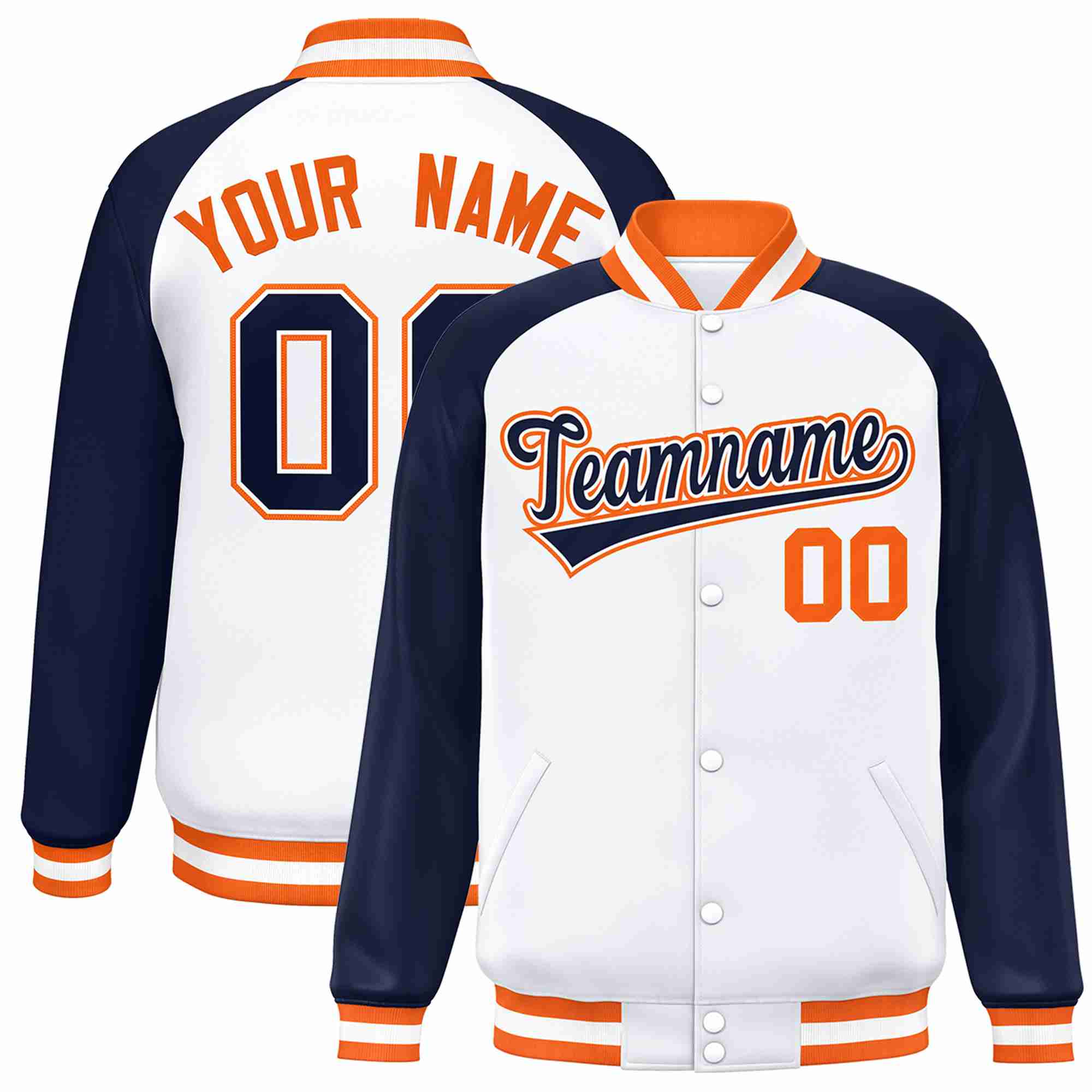 Veste Letterman Varsity Full-Snap à manches raglan blanches et blanches personnalisées