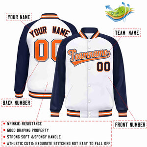 Veste Letterman Varsity Full-Snap à manches raglan blanc-orange-blanc personnalisée