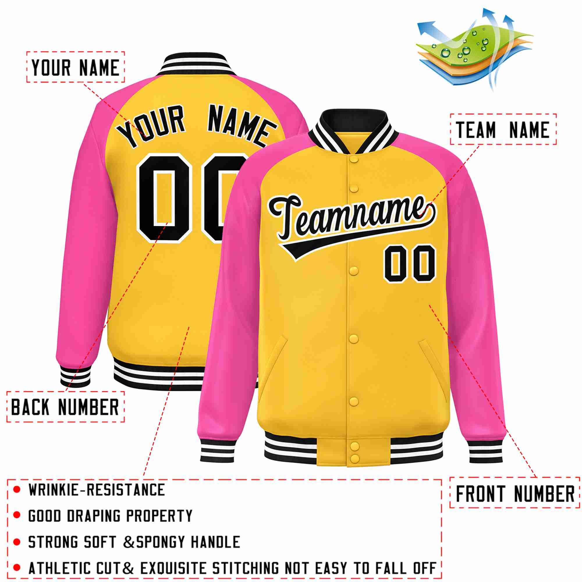 Custom Gold Black-White Raglan Sleeves Varsity Full-Snap Letterman Jacket