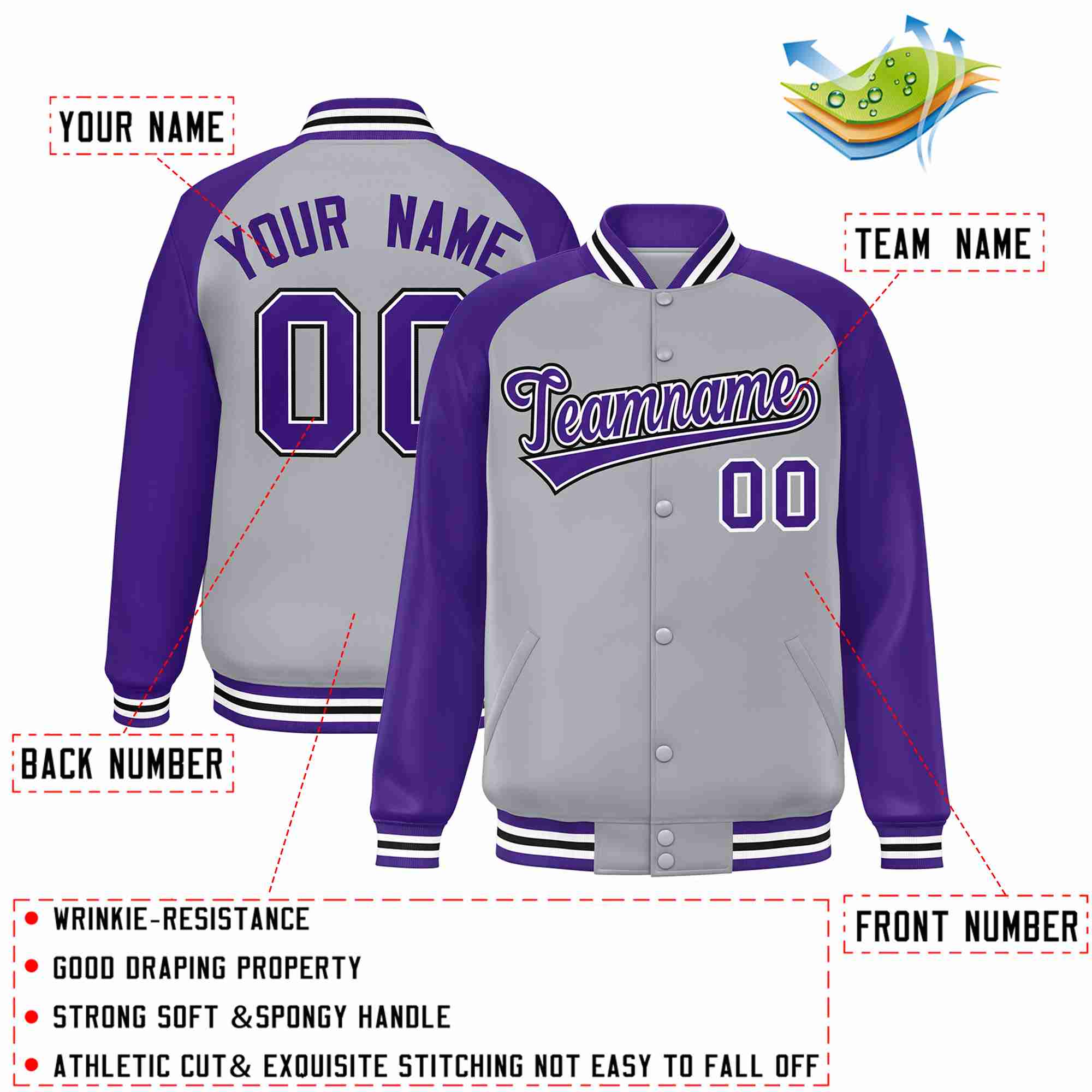 Veste Letterman Varsity Full-Snap à manches raglan gris violet-blanc personnalisée