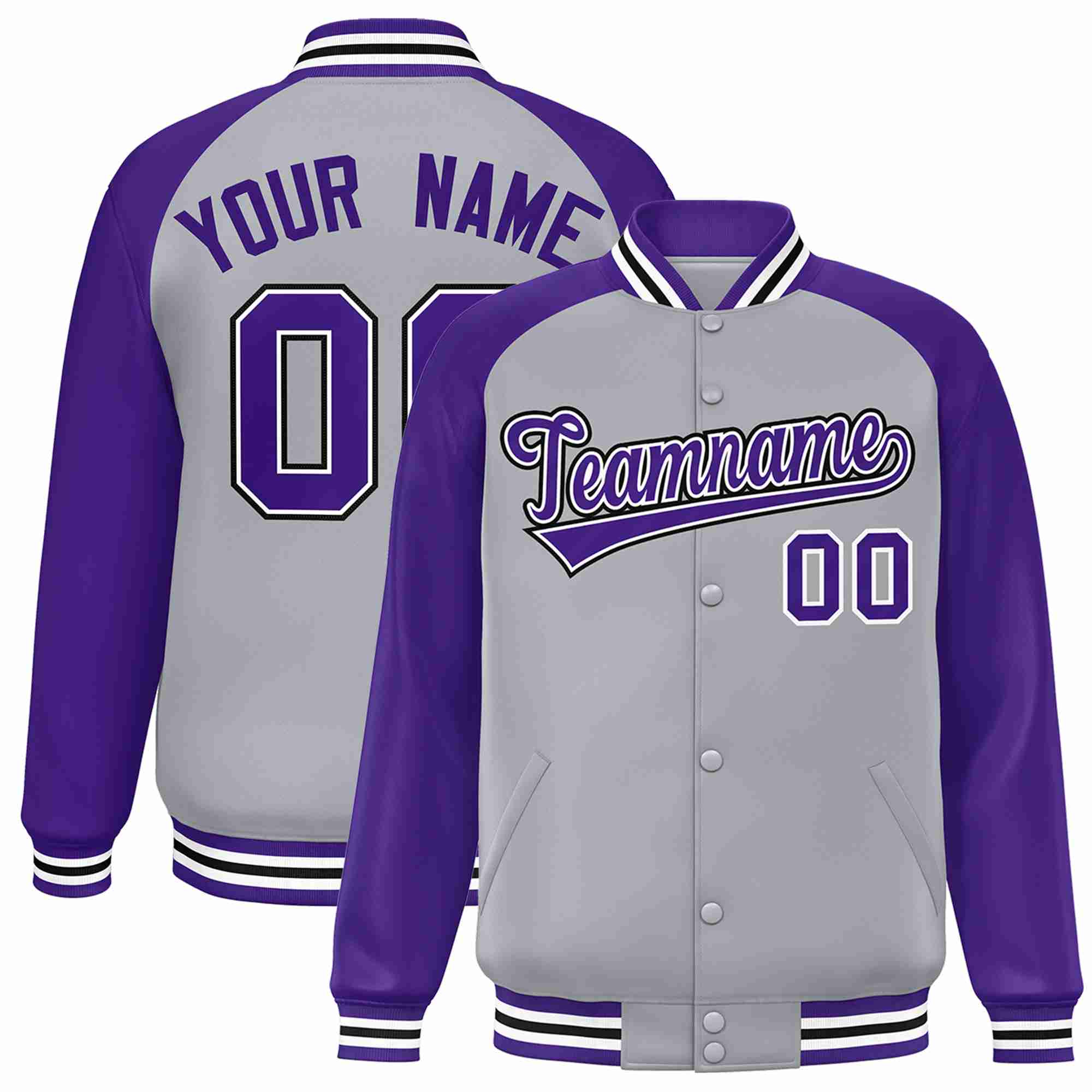 Veste Letterman Varsity Full-Snap à manches raglan gris violet-blanc personnalisée