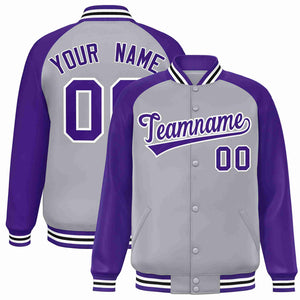 Veste Letterman Varsity Full-Snap à manches raglan gris violet-blanc personnalisée