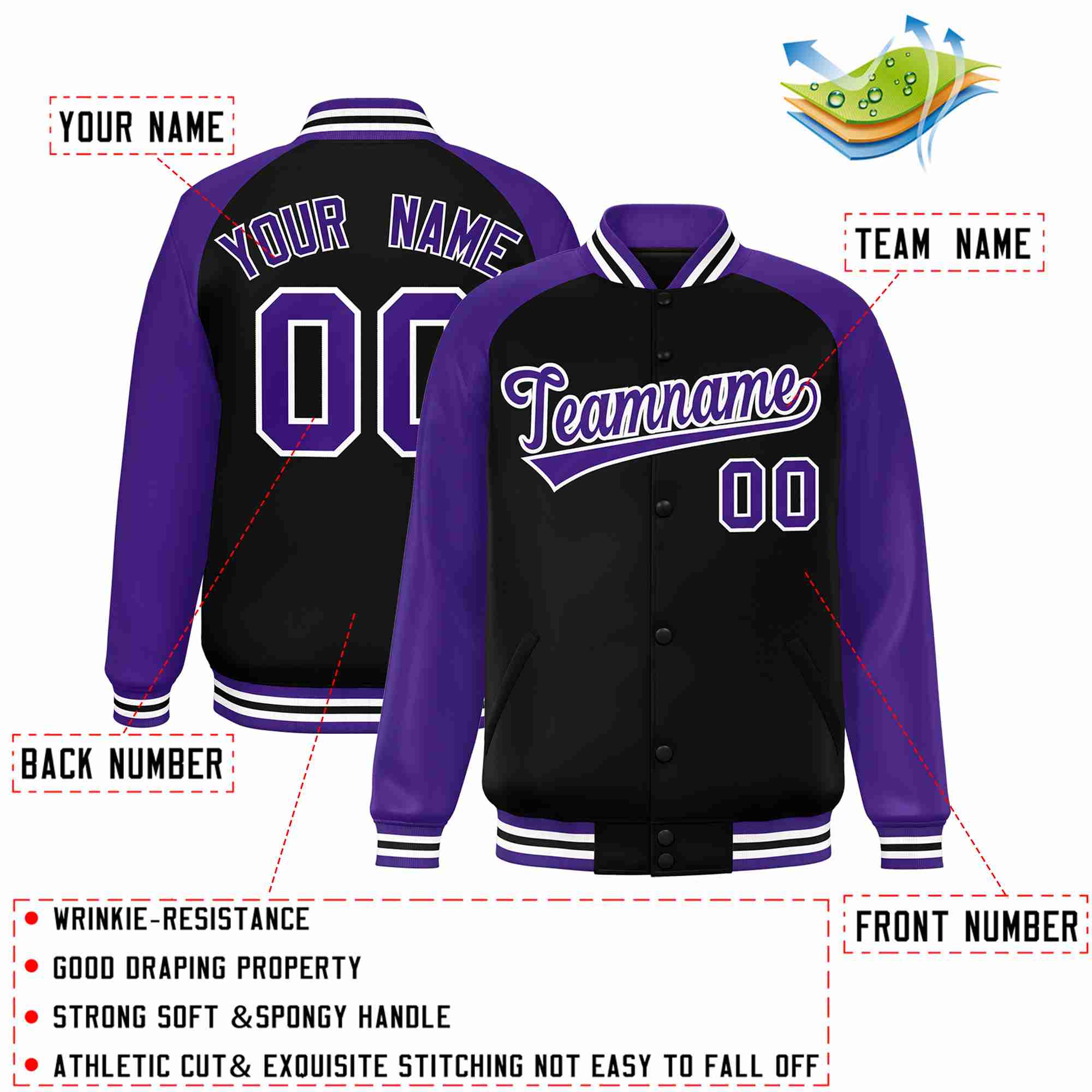 Custom Black Purple-White Raglan Sleeves Varsity Full-Snap Letterman Jacket