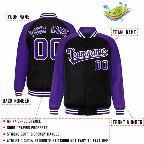 Custom Black Purple-White Raglan Sleeves Varsity Full-Snap Letterman Jacket