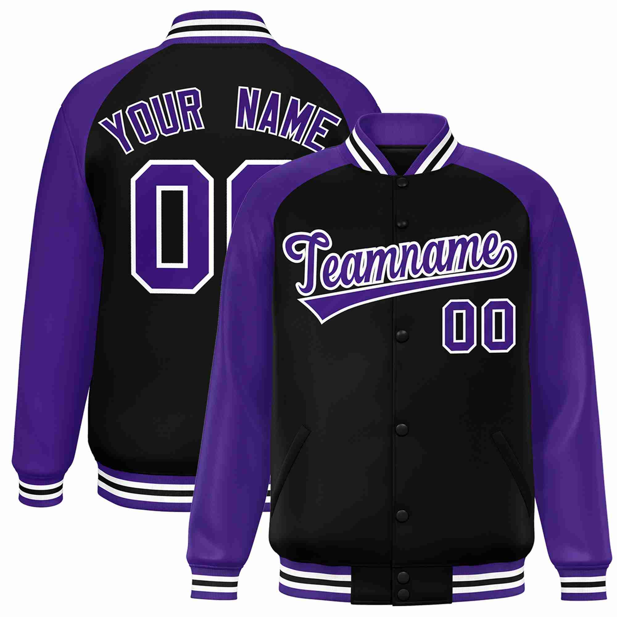 Veste Letterman Varsity Full-Snap à manches raglan personnalisées noir violet-blanc