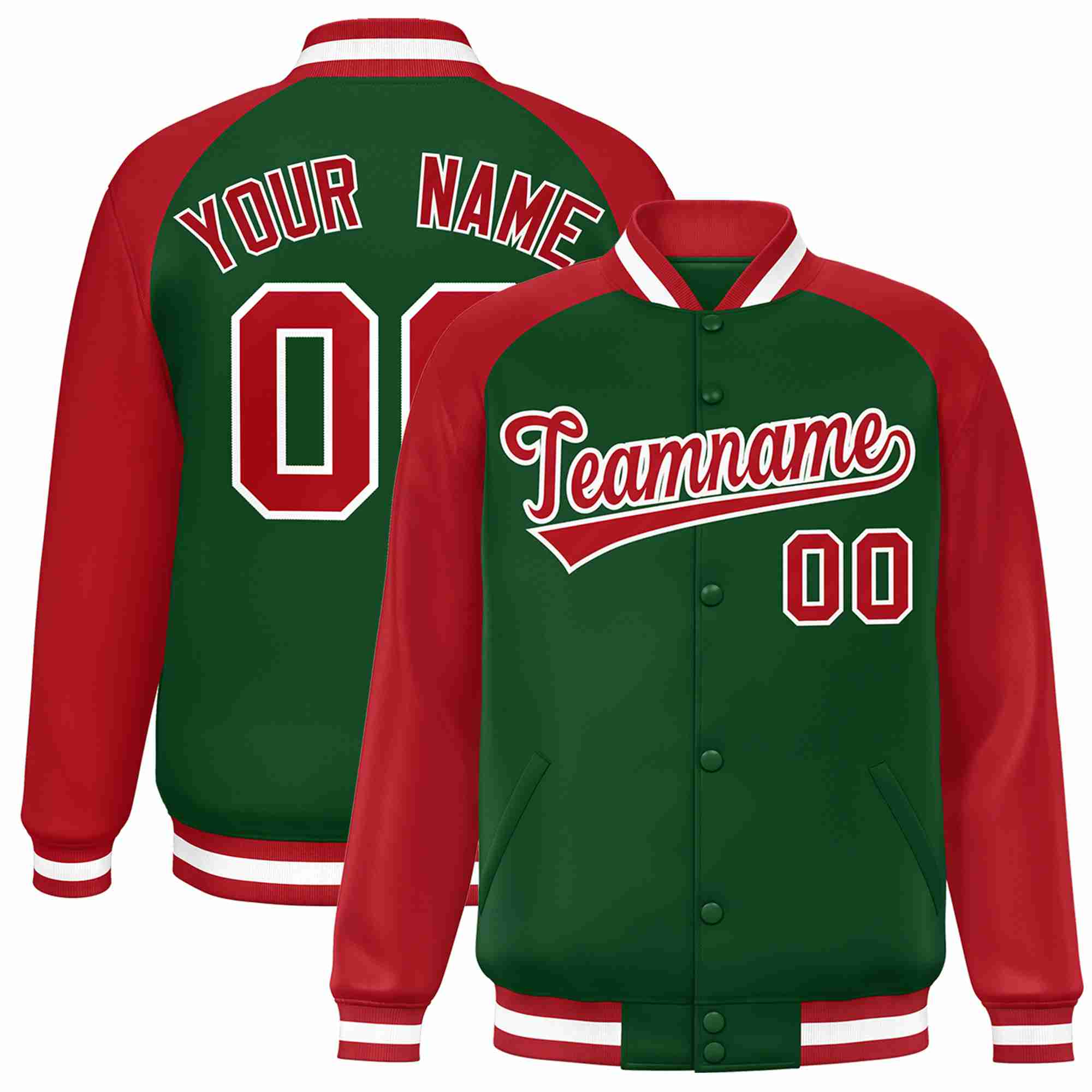 Custom Green Red-White Raglan Sleeves Varsity Full-Snap Letterman Jacket