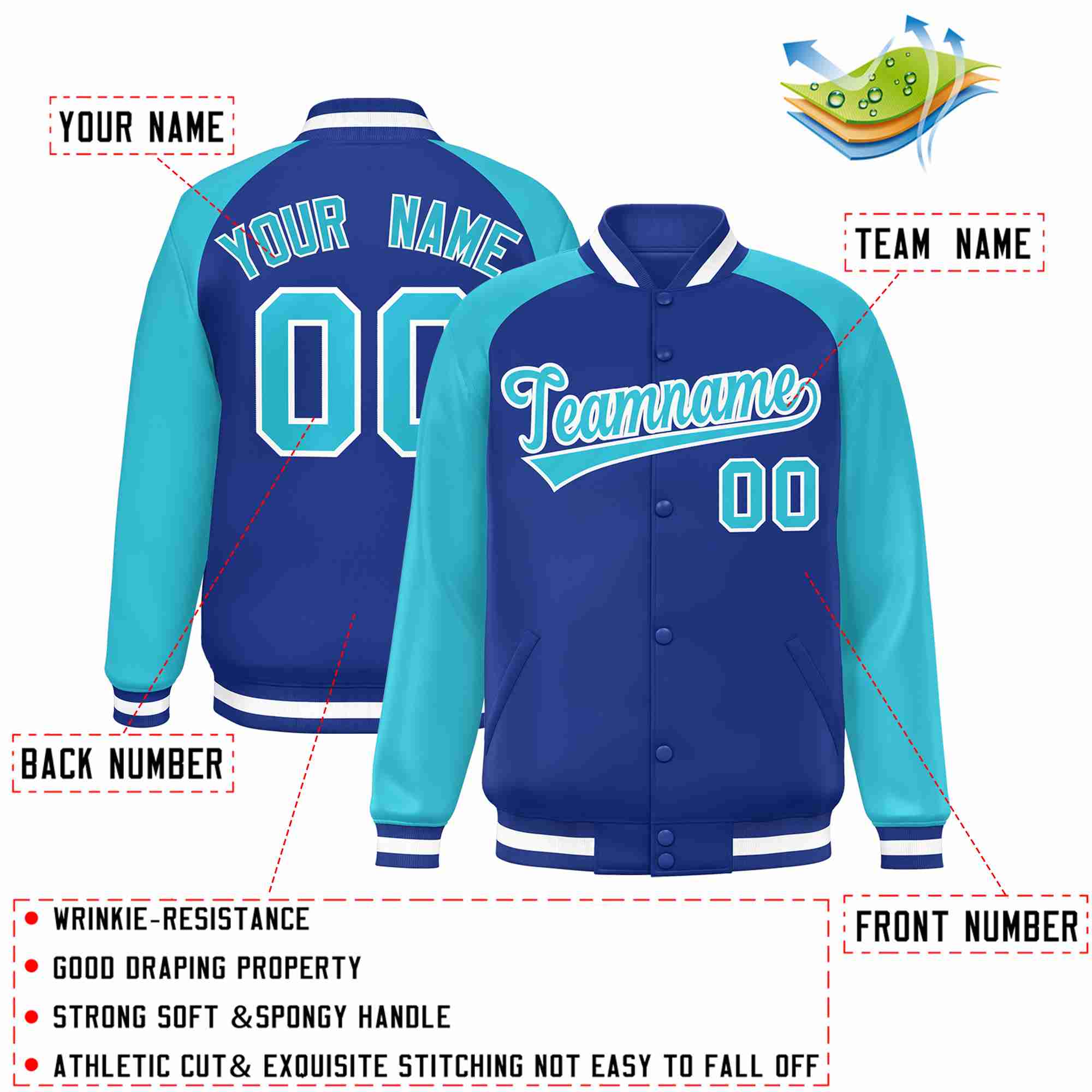 Custom Royal Royal-White Raglan Sleeves Varsity Full-Snap Letterman Jacket