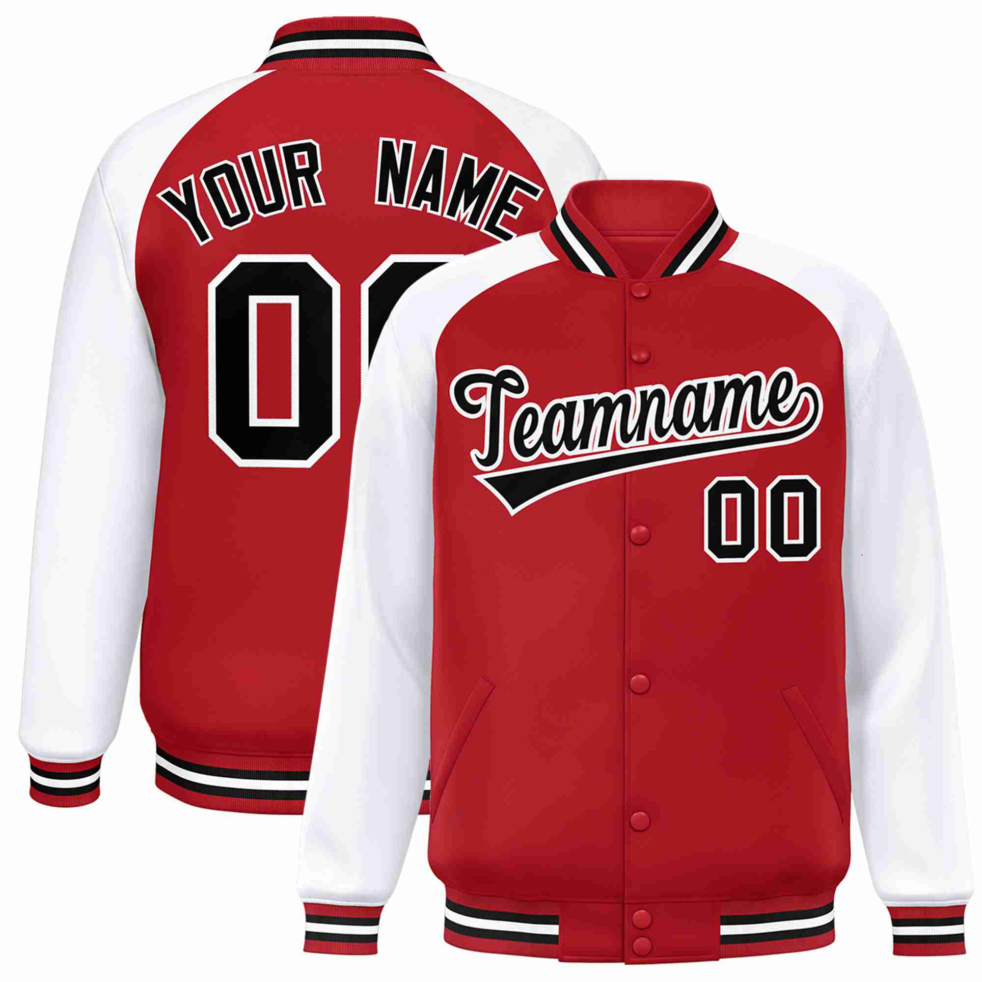 Veste Letterman Varsity Full-Snap à manches raglan rouge noir-blanc personnalisée