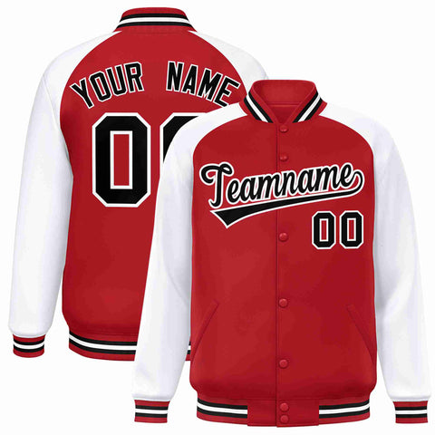 Custom Red Black-White Raglan Sleeves Varsity Full-Snap Letterman Jacket