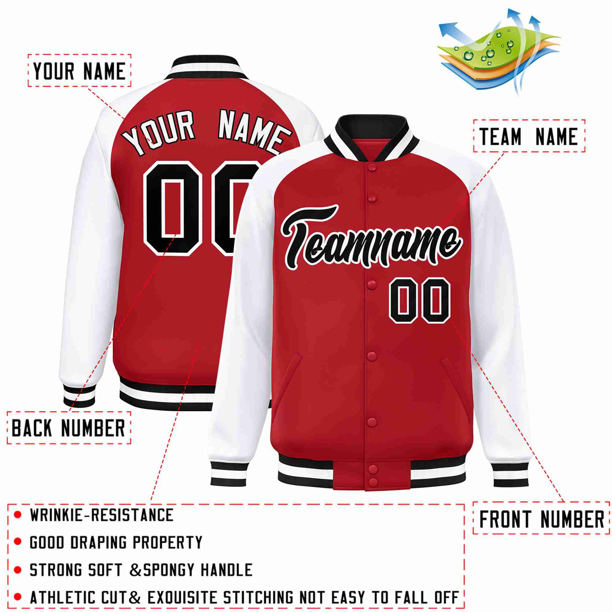 Custom Red Black-White Raglan Sleeves Varsity Full-Snap Letterman Jacket