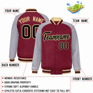 Veste Letterman Varsity Full-Snap Custom Crimson Noir-Kaki à manches raglan