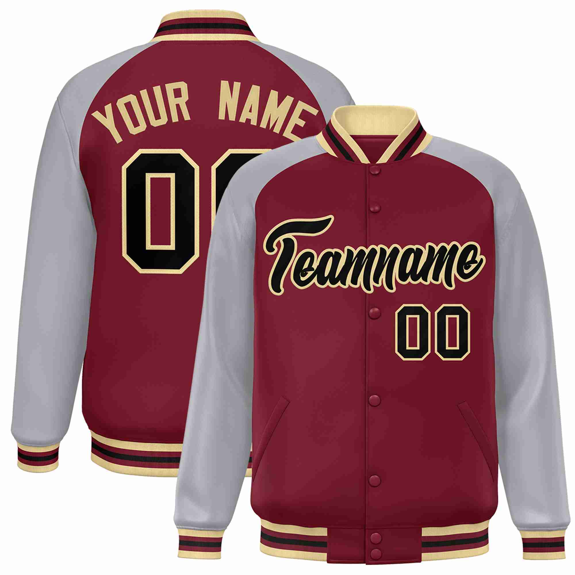 Veste Letterman Varsity Full-Snap Custom Crimson Noir-Kaki à manches raglan