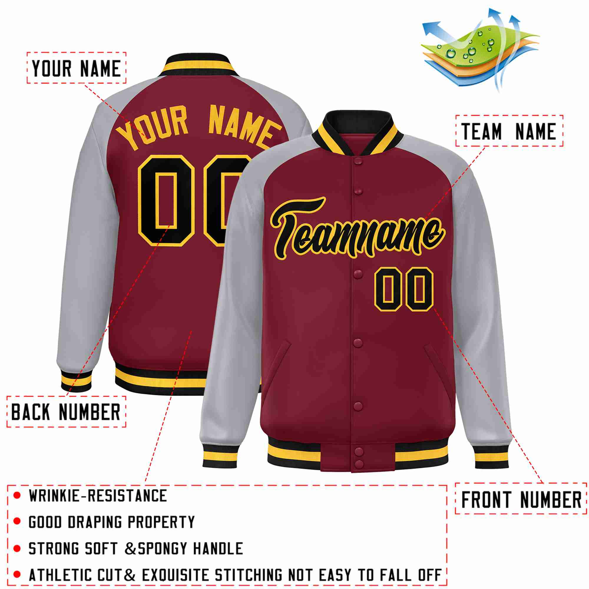 Custom Crimson Black-Gold Raglan Sleeves Varsity Full-Snap Letterman Jacket