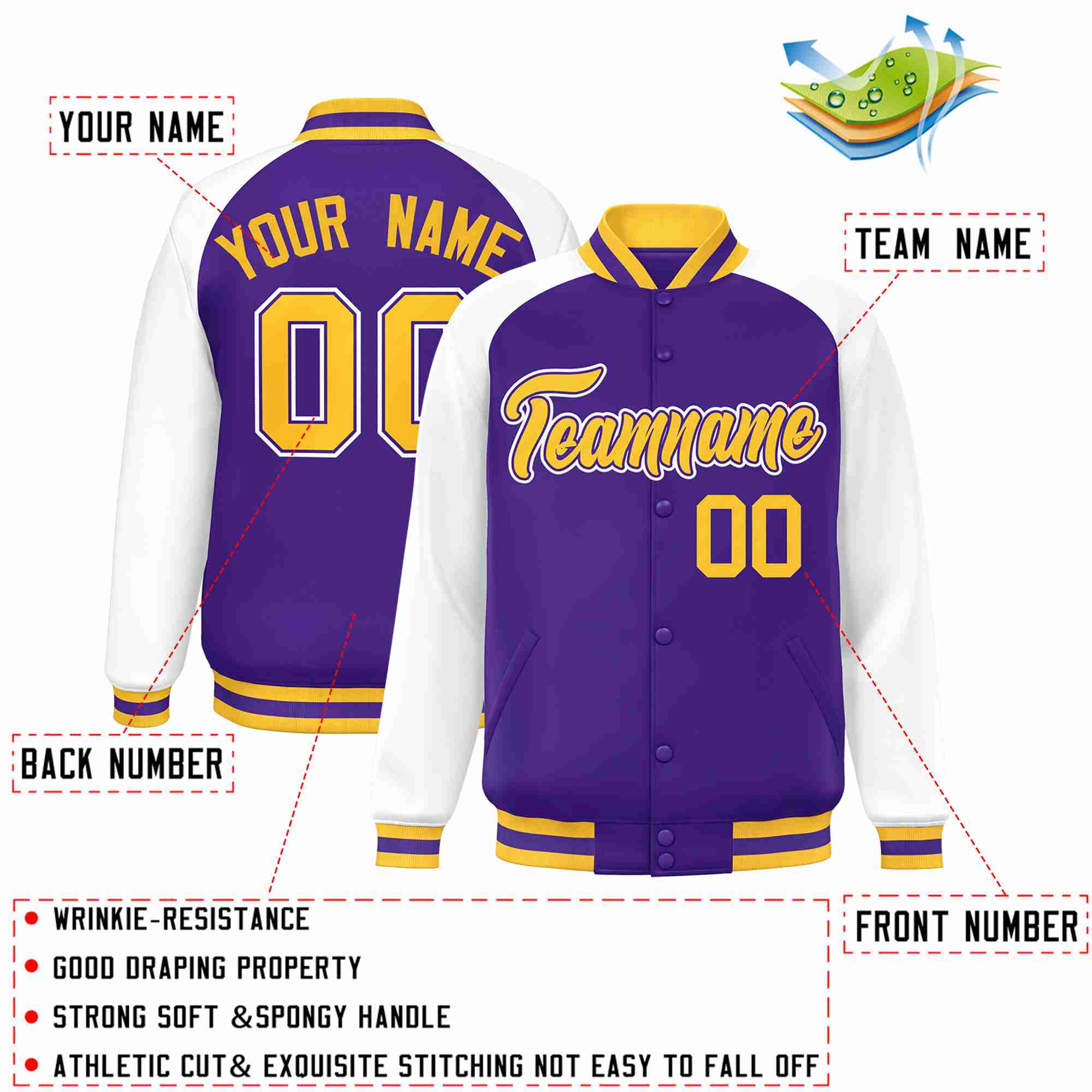 Veste Letterman Varsity Full-Snap à manches raglan violet-violet personnalisée