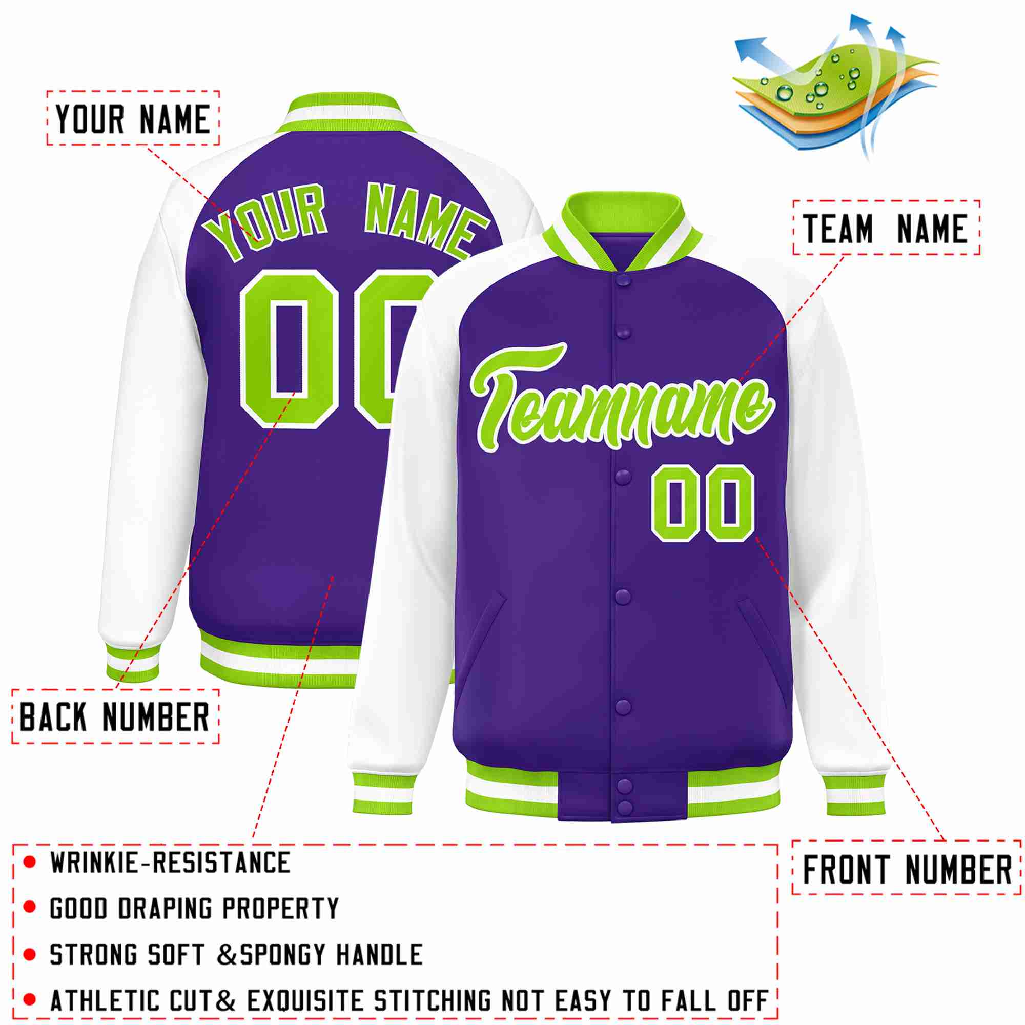 Custom Purple Neon Green-White Raglan Sleeves Varsity Full-Snap Letterman Jacket