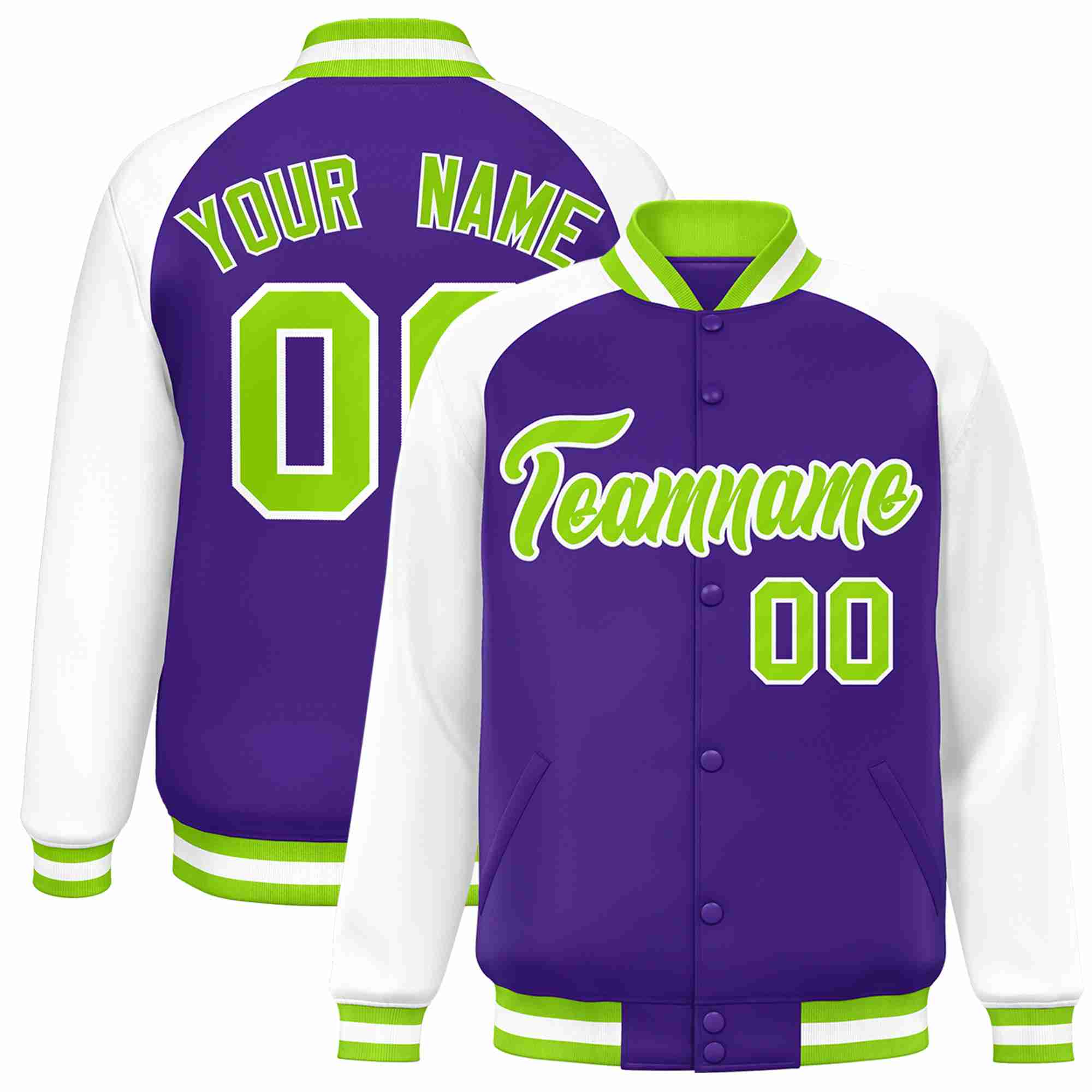 Veste Letterman universitaire à manches raglan violet fluo vert-blanc personnalisée