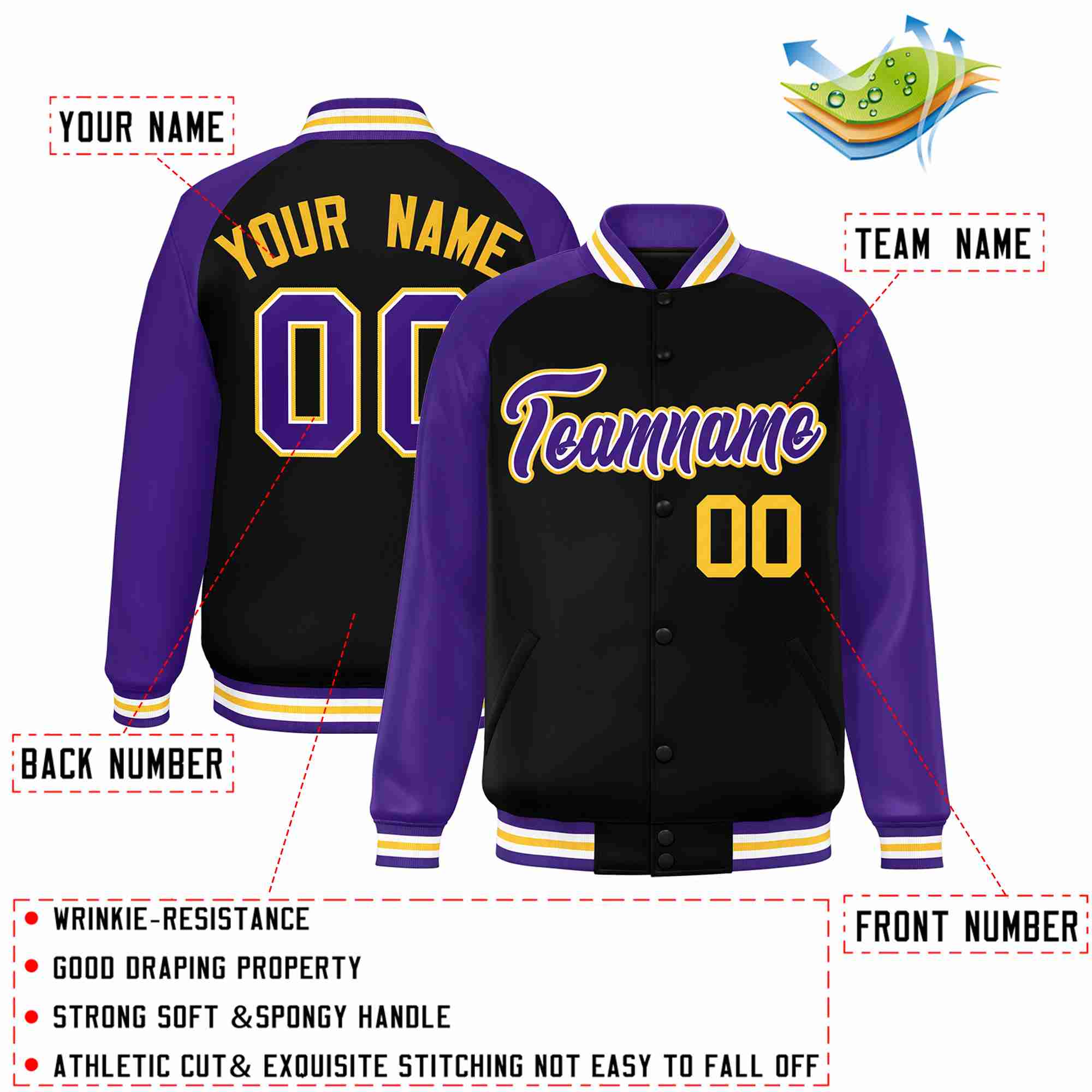 Custom Black Purple-White Raglan Sleeves Varsity Full-Snap Letterman Jacket