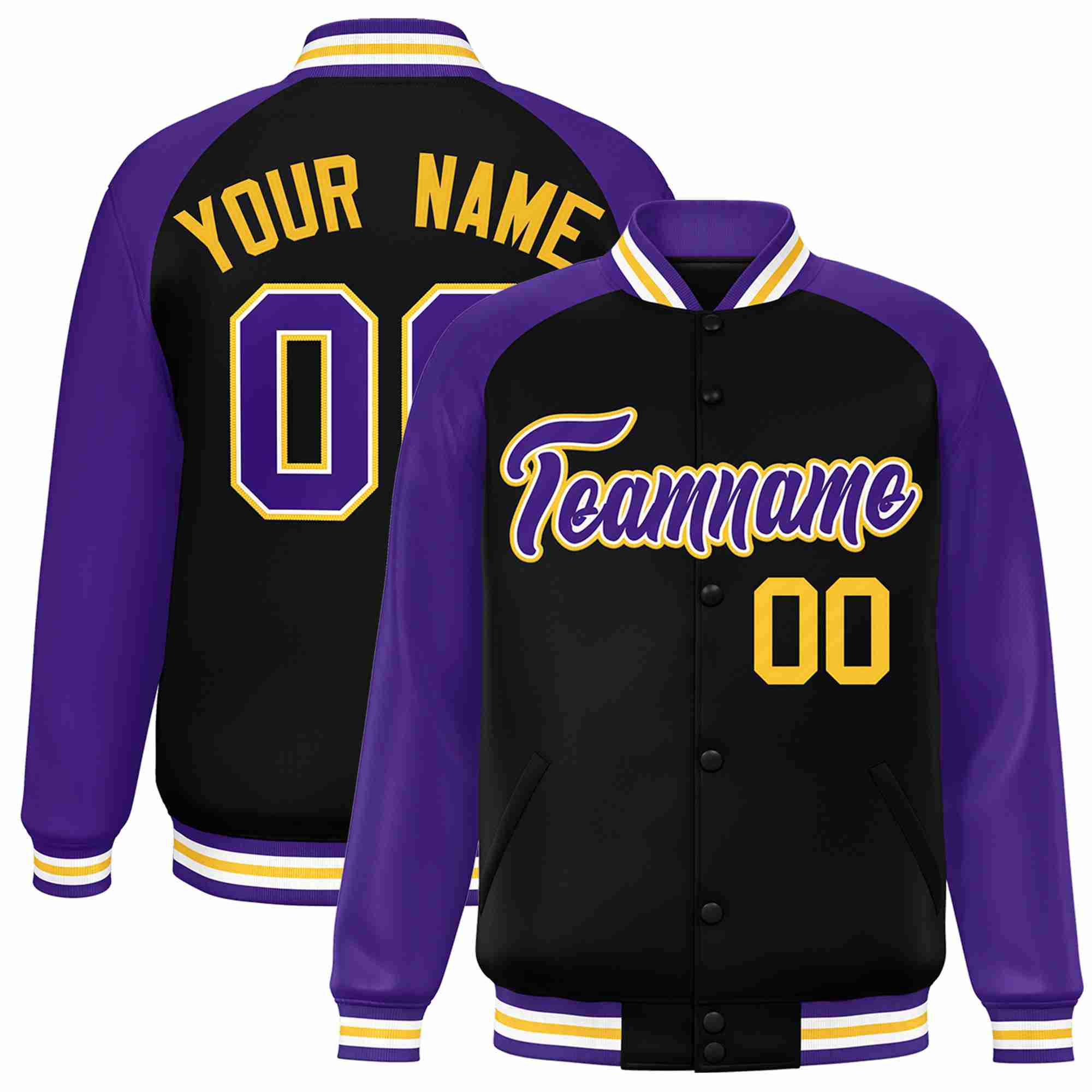 Veste Letterman Varsity Full-Snap à manches raglan personnalisées noir violet-blanc