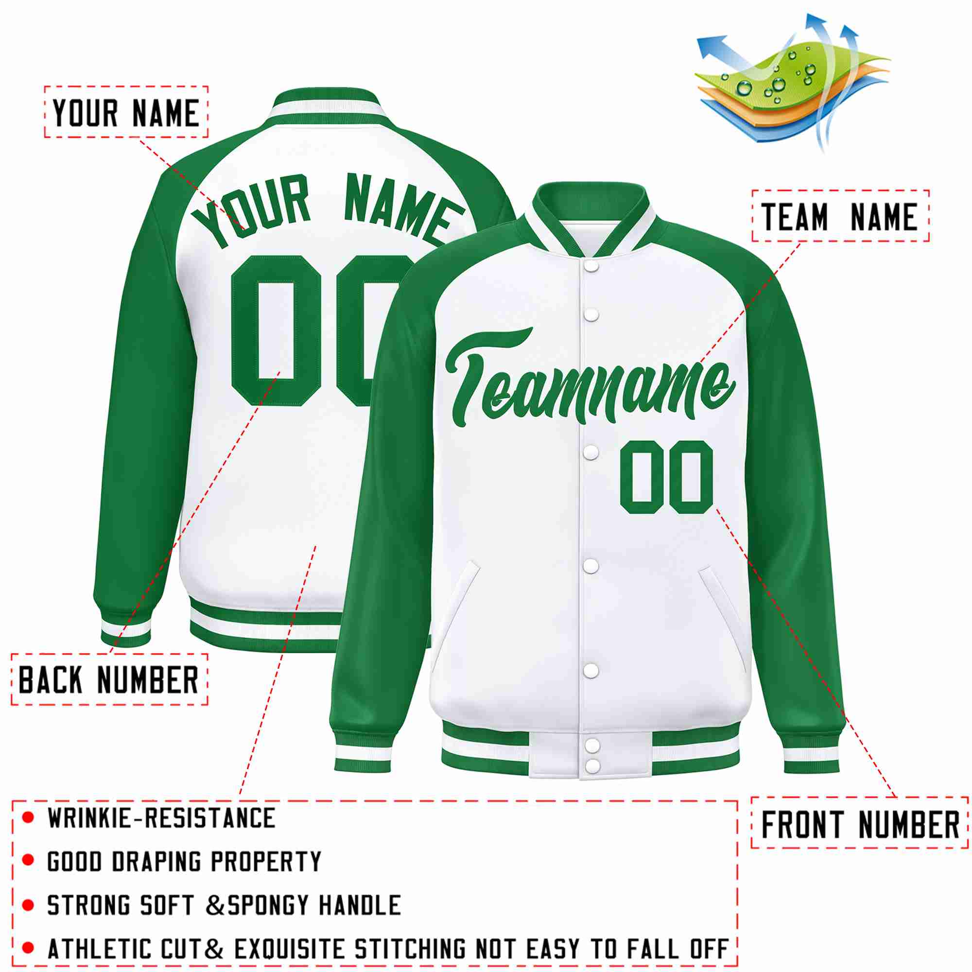 Custom White Green Raglan Sleeves Varsity Full-Snap Letterman Jacket