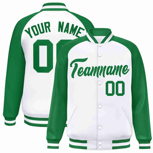 Veste Letterman Varsity Full-Snap à manches raglan blanches et vertes personnalisées