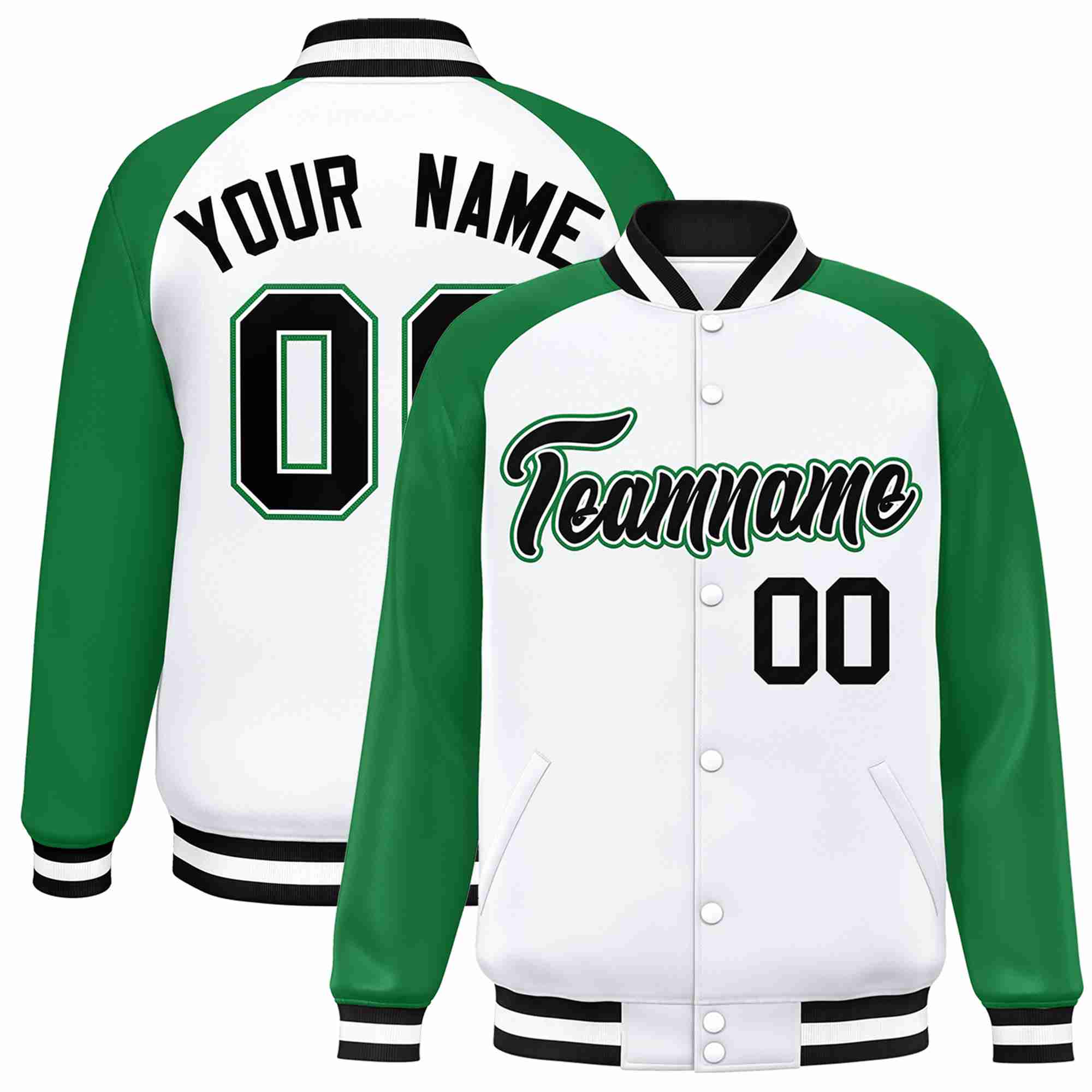 Veste Letterman Varsity Full-Snap à manches raglan blanc noir-blanc personnalisée