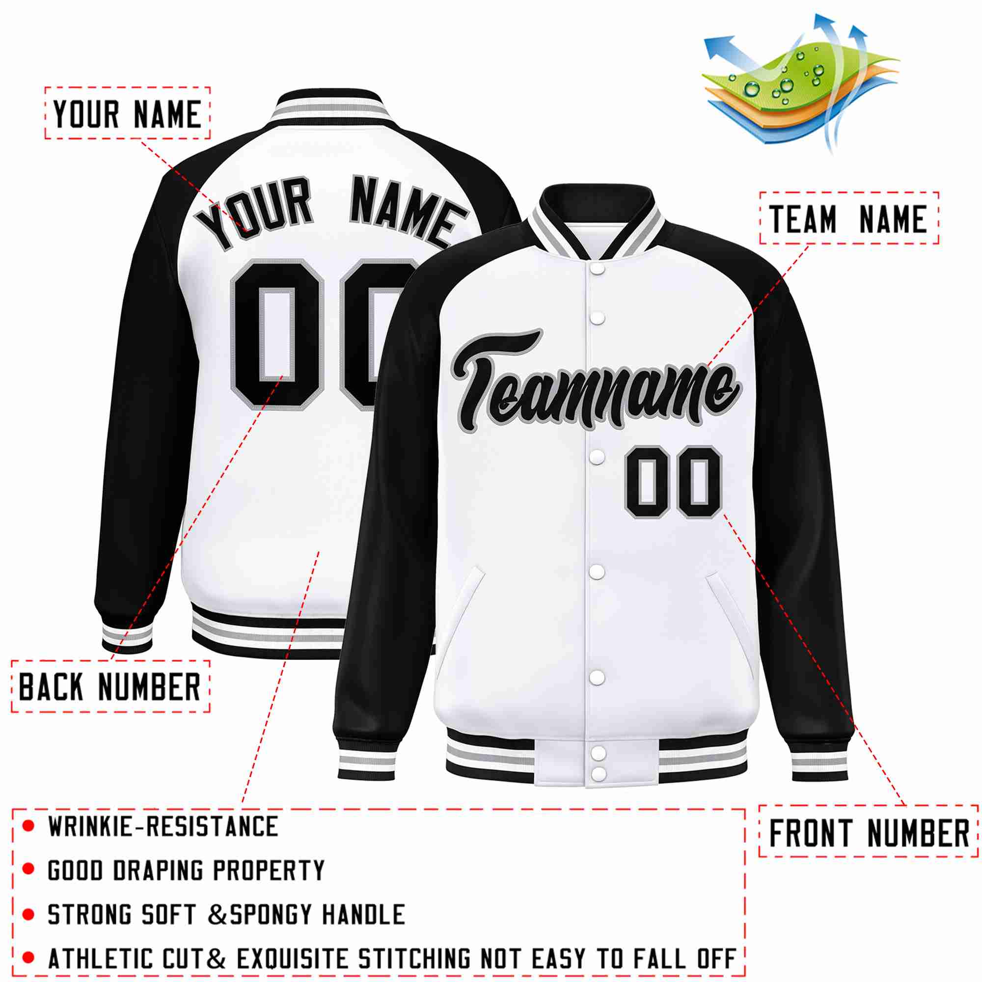 Veste Letterman Varsity Full-Snap personnalisée à manches raglan blanc noir-gris