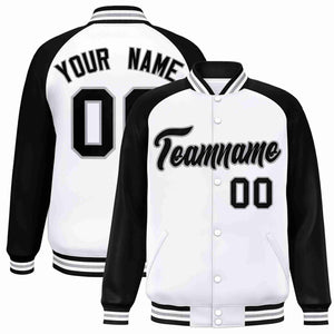 Custom White Black-Gray Raglan Sleeves Varsity Full-Snap Letterman Jacket