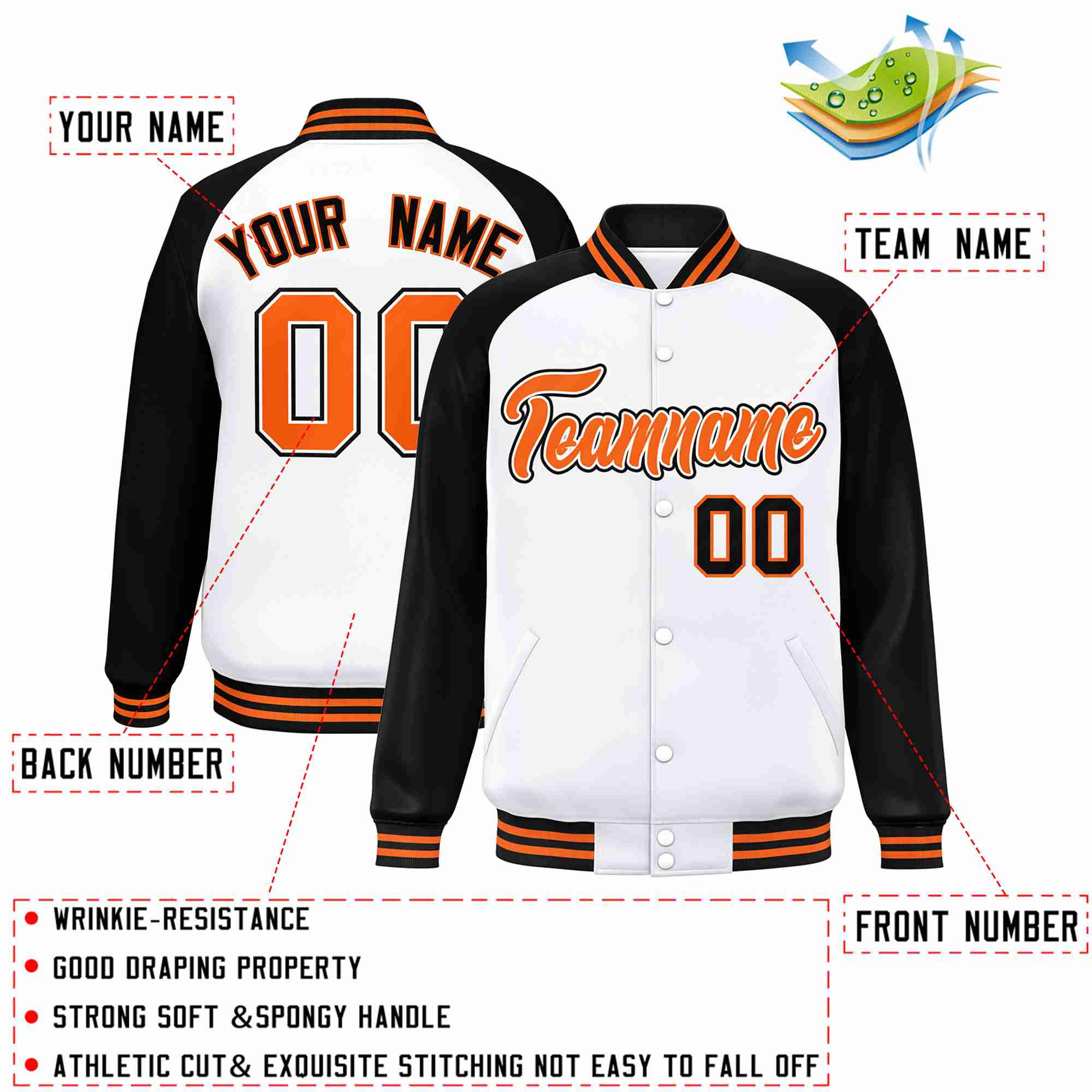 Custom White Orange-White Raglan Sleeves Varsity Full-Snap Letterman Jacket