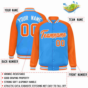 Veste Letterman Varsity Full-Snap à manches raglan bleu poudre personnalisée orange-blanc