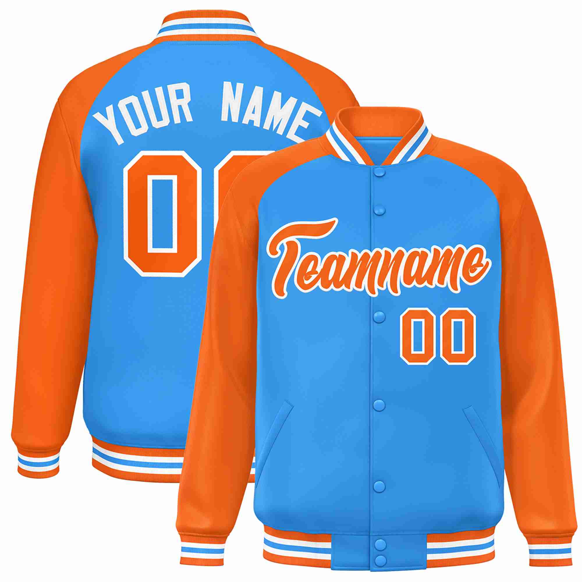 Veste Letterman Varsity Full-Snap à manches raglan bleu poudre personnalisée orange-blanc