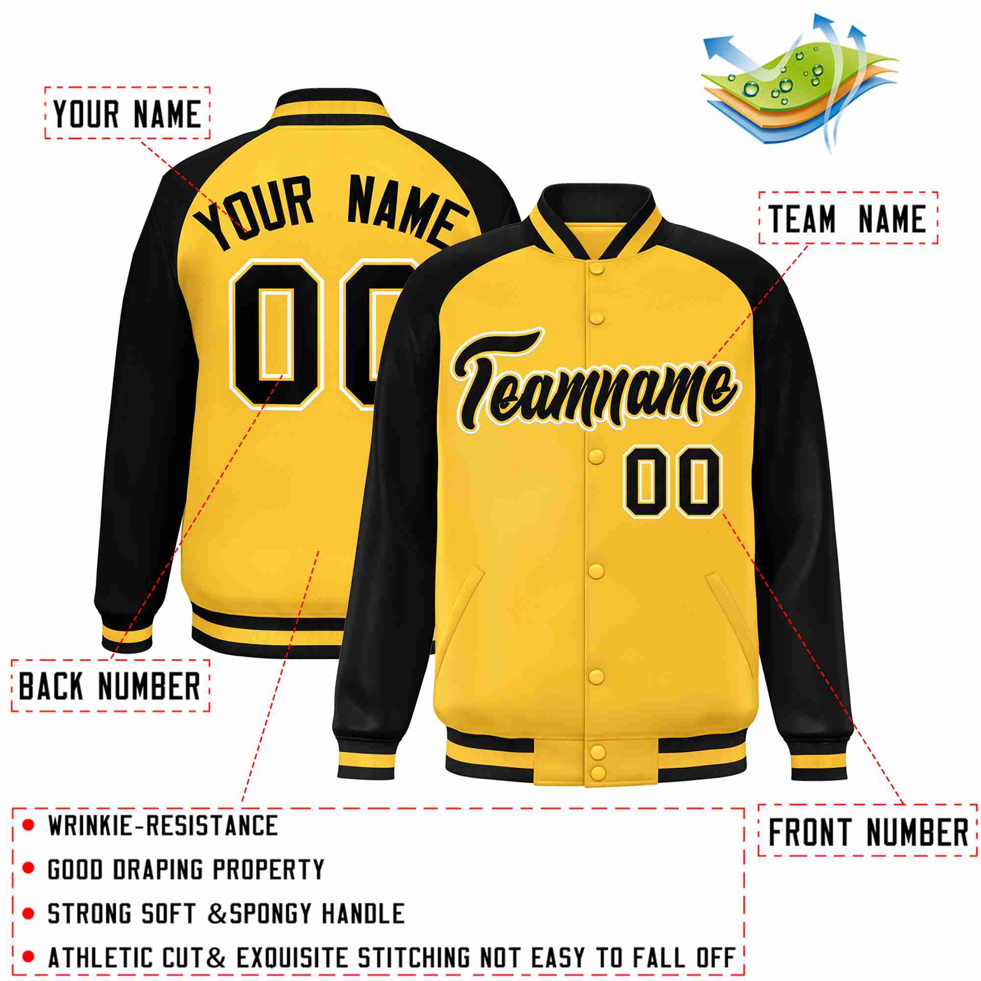 Custom Gold Black-Gold Raglan Sleeves Varsity Full-Snap Letterman Jacket