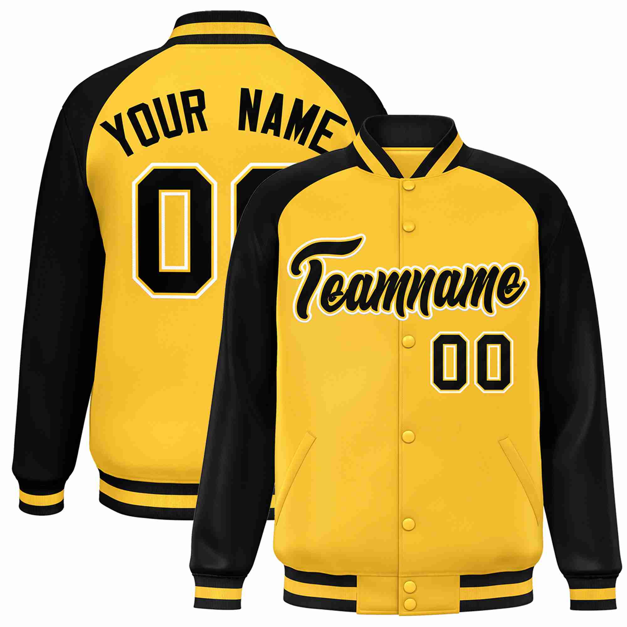 Custom Gold Black-Gold Raglan Sleeves Varsity Full-Snap Letterman Jacket