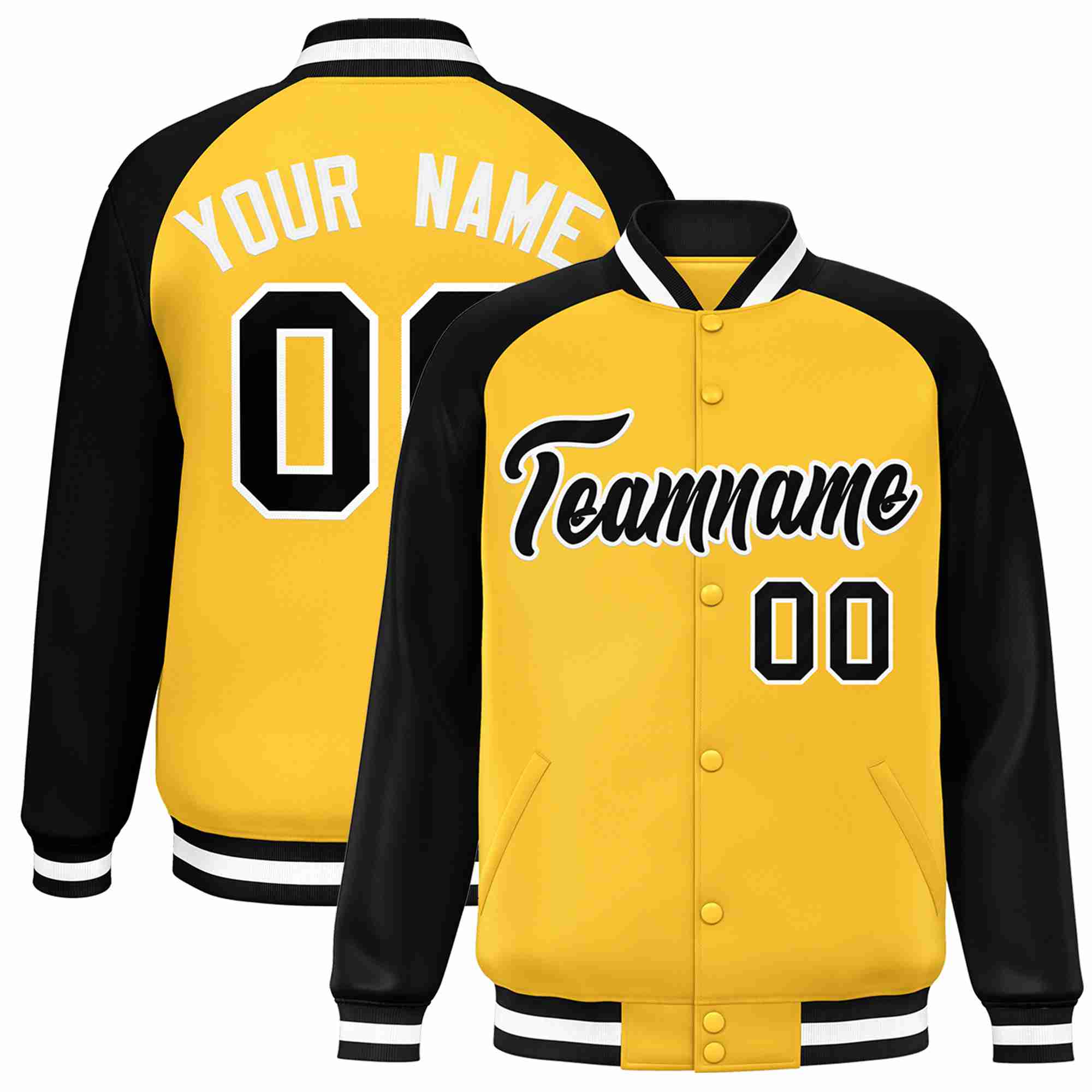 Veste Letterman Varsity Full-Snap à manches raglan personnalisées en or noir et blanc