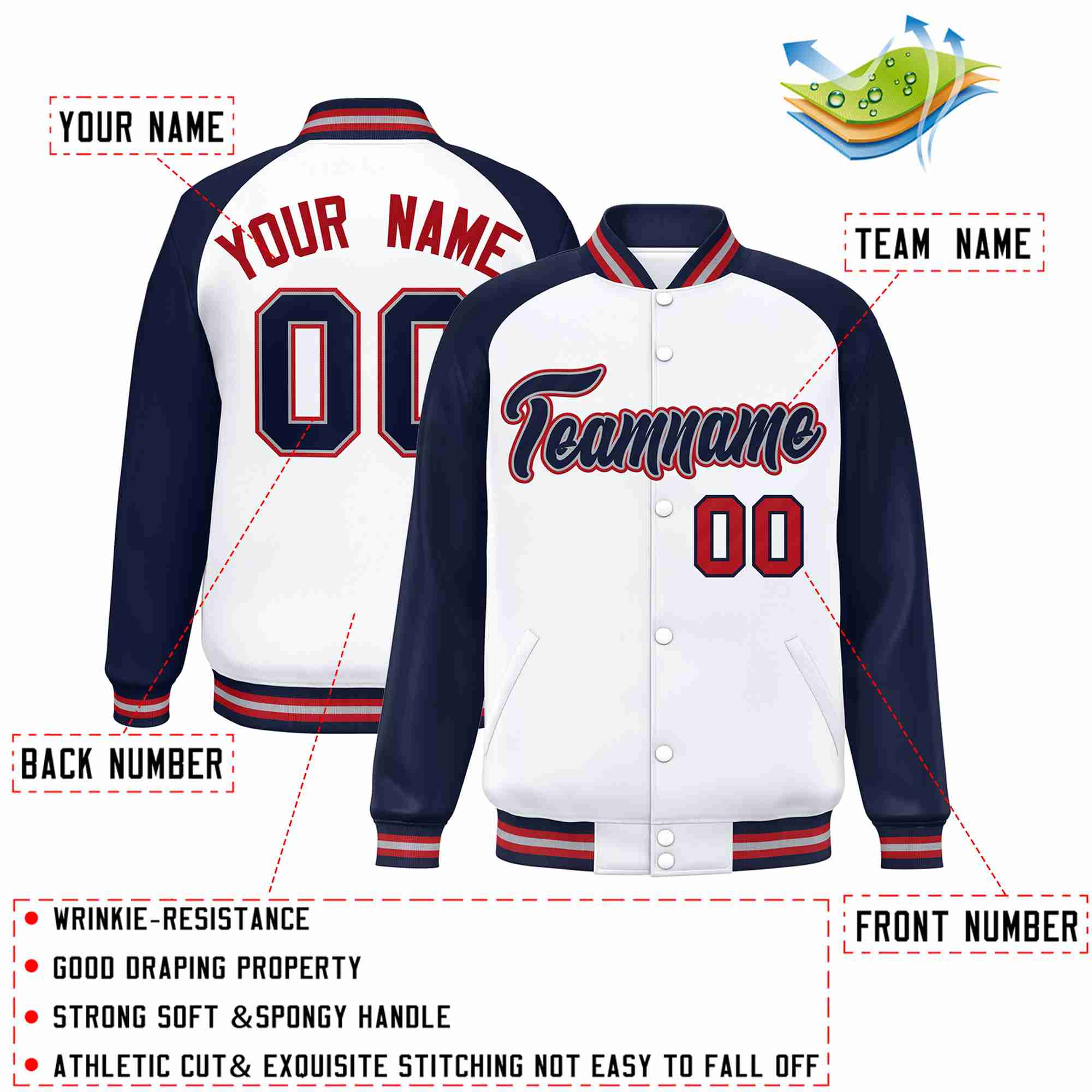 Custom White Navy-Gray Raglan Sleeves Varsity Full-Snap Letterman Jacket