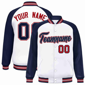 Custom White Navy-Gray Raglan Sleeves Varsity Full-Snap Letterman Jacket