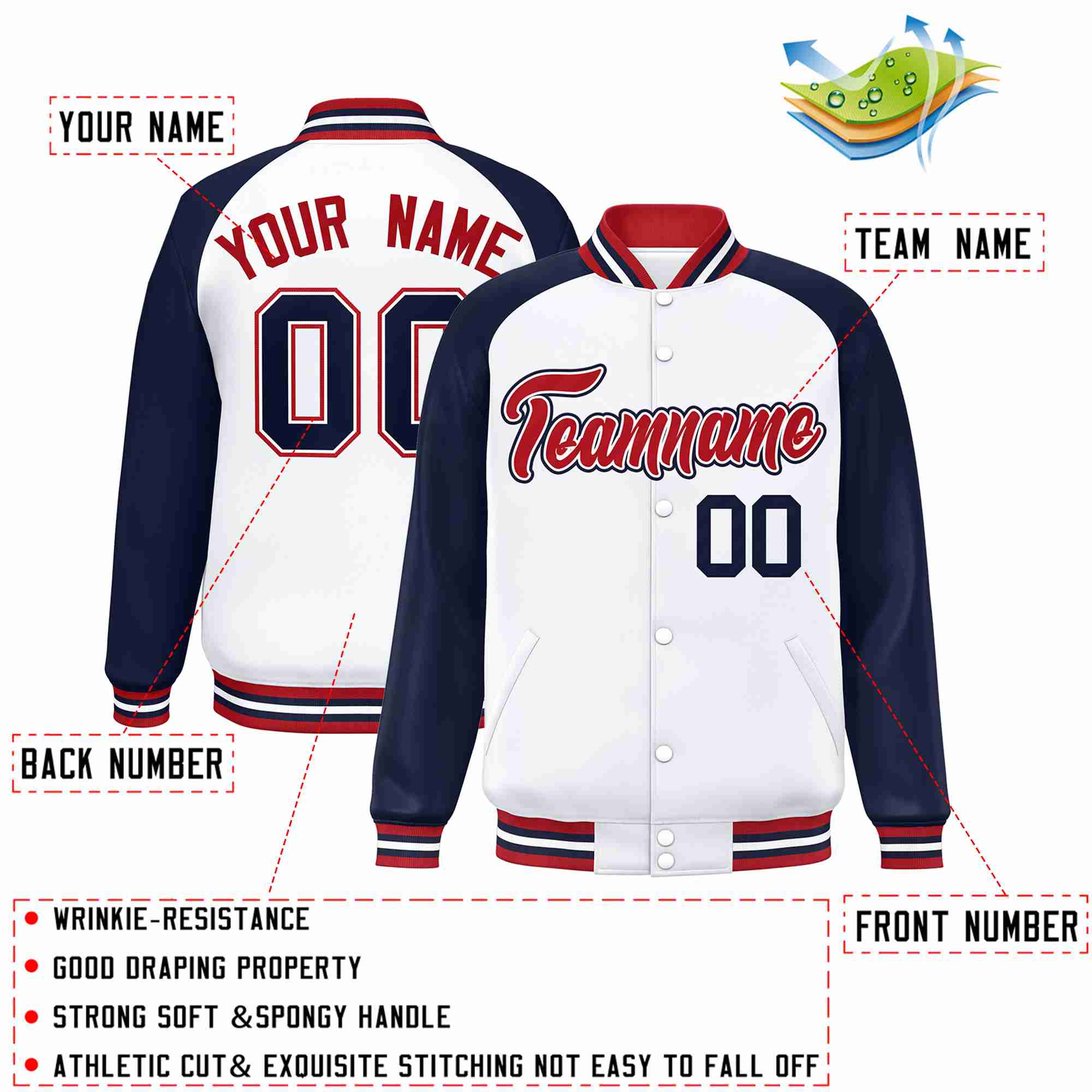 Custom White Red-White Raglan Sleeves Varsity Full-Snap Letterman Jacket