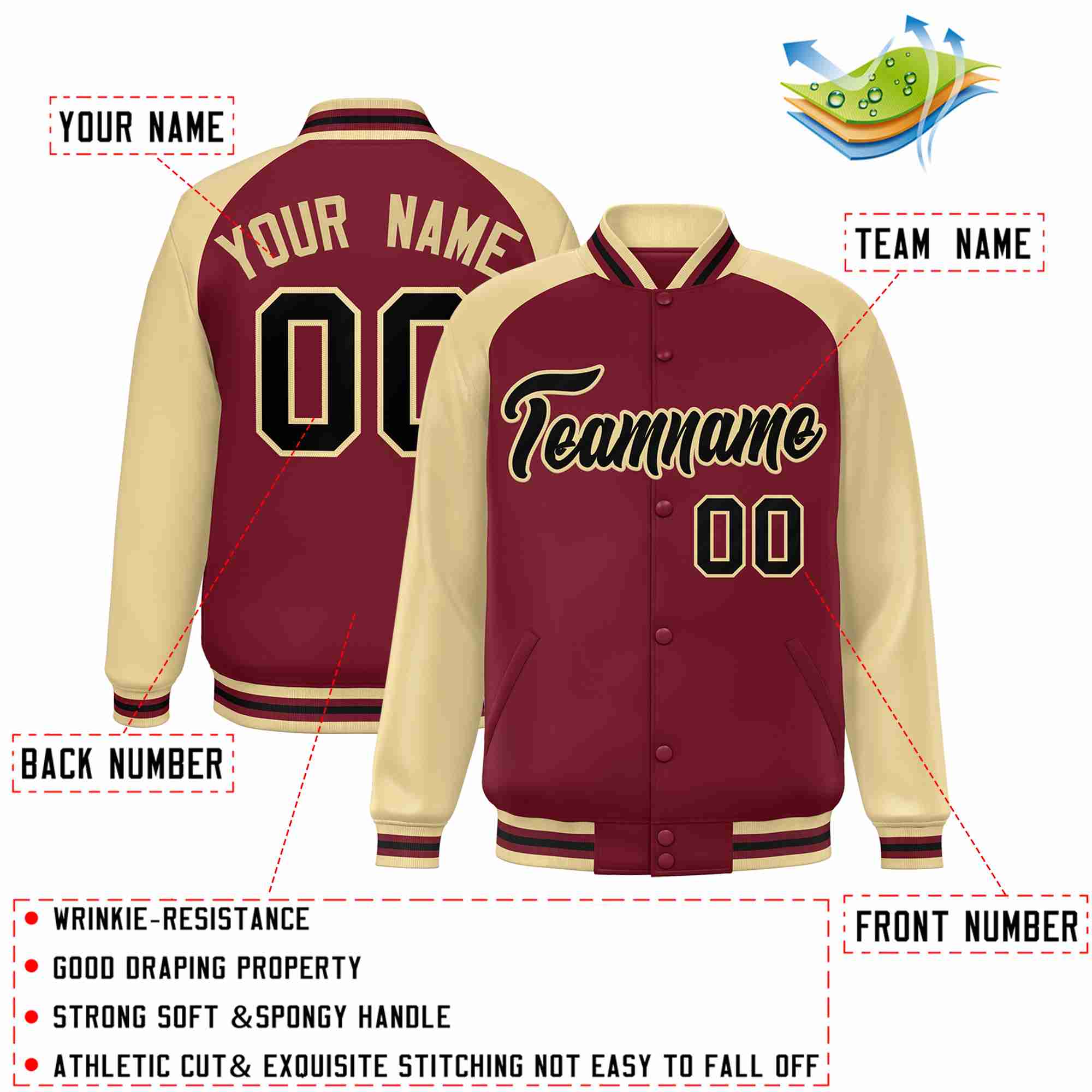 Veste Letterman Varsity Full-Snap Custom Crimson Noir-Kaki à manches raglan